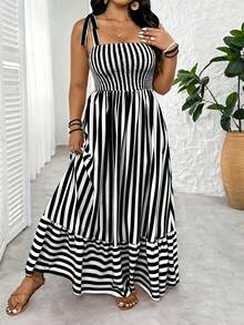 SHEIN Tall CURVE 大码条纹束腰长款系带无袖连衣裙，夏季 - 黑色 - 查看 4