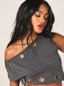 MISSGUIDED Women Off-Shoulder Asymmetric Crop Top Bodycon Mini Skirt Two-Piece Outfit Set With Metal Eyelet Details - Grey - View 5