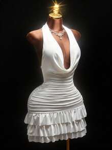 Mistrie Women's Solid Color Plunging Neck Ruffle Hem Sexy Halter Dress Vacation Outfits Women , Holiday Outfits For Women , Summer Holiday Outfits , Vacation , Holiday , Vacation Outfits For Women , Vacation Dresses , Holiday Outfits , Vacation Dress , Beach Vacation Outfits For Women White Sexy Dresses  Dress Bathing Suits  , Peplum  , Ruffle Skirt , Summer Clothes  , Summer Outfits For Women , Summer Outfits ,  Summer Outfit For Women - White - View 7