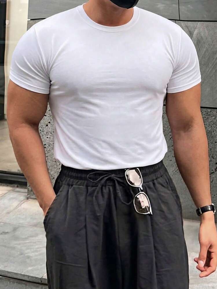 Plus Size Men's Solid White Crew Neck Short Sleeve T-Shirt, Summer