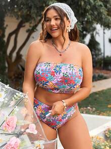 Swim Mod Plus Size Women 2pcs Printed Spaghetti Strap Triangle Bikini Swimwear - Multicolor - View 1