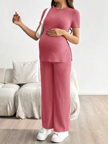 SHEIN 2pcs Maternity Solid Color Short Sleeve Top And Adjustable Waist Casual Pants Set - Hot Pink - View 7