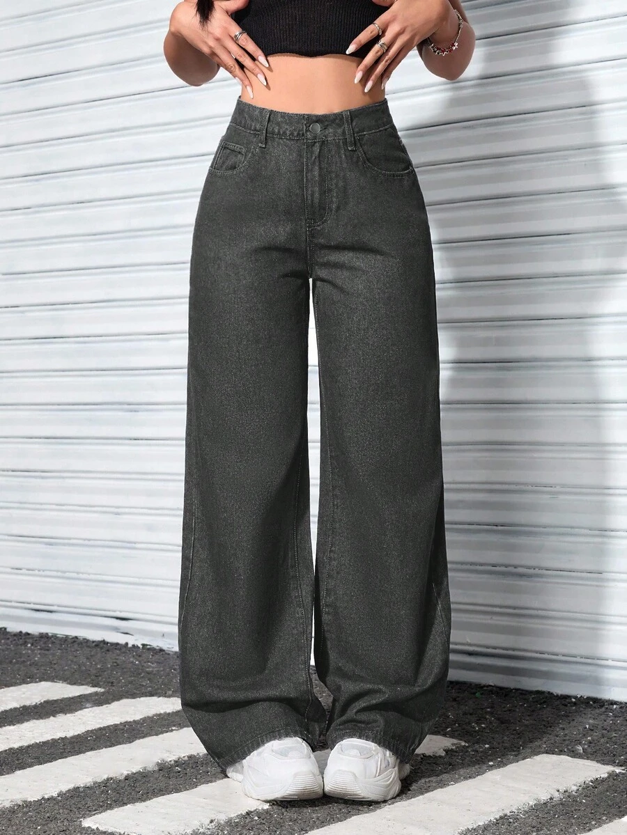 SHEIN ICON 大码女式高腰口袋阔腿宽松休闲牛仔裤,秋冬款 - 黑色 - 查看 1