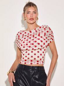 COSMINA Blusa elegante con estampado de lunares, diseño ajustado y acortado, adecuada para uso diario, salir con amigos, tomar el té de la tarde, con diseño de chal 2 en 1, patrón de lunares en color albaricoque y marrón, para primavera/verano - Blanco - Ver 4