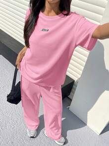 Muchica Light Pink Textured Casual Loose T-Shirt And Pants Set For Women - Baby Pink - View 3
