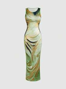 Rafferiza Petite Women's Solid Color Slim Fit Dress, Summer Long Dress - Green - View 3