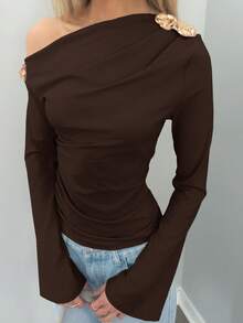 Sydney Algeri 女士时尚通勤棕色不对称领喇叭袖 T 恤 - 棕色 - 查看 6