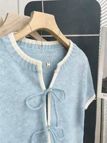 SHEIN Franclia 休闲宽松圆领短袖针织上衣，前系带设计，撞色滚边，适合春夏女装，短袖开衫，新款女装，女士休闲装，可爱开衫，女装 - 彩色 - 查看 4