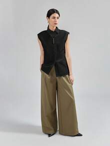 Ontre Áo sơ mi nữ dệt kim mùa hè mới 2026SS, màu đen trơn, cổ tròn, tay cánh hoa, kiểu dáng rộng rãi thoải mái, phù hợp cho giáo viên, công sở, lễ hội âm nhạc, phong cách công sở thường ngày, áo sơ mi cài nút thanh lịch thành thị. - màu đen - Xem 5