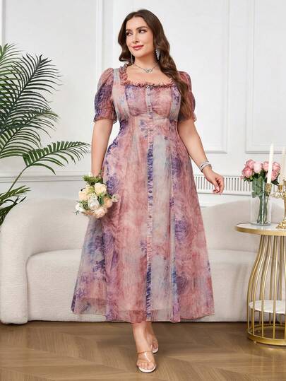 Ellevyn Plus Size Elegant Tie-Dye Print Dress, Summer