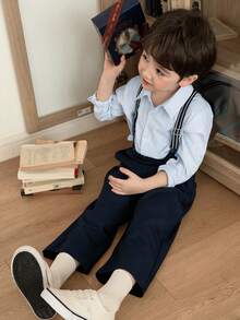 Dazy Kids 男童条纹单排扣长袖上衣和背带裤休闲套装 - 藍色 - 查看 7