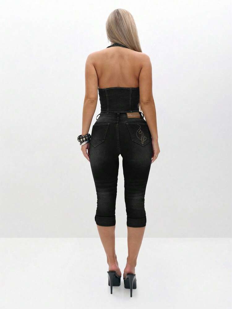 BABYPHAT Stretch Denim Capri Jeans With Turn Up Hems For Women Mid Rise Cropped Pants Summer Casual Wear