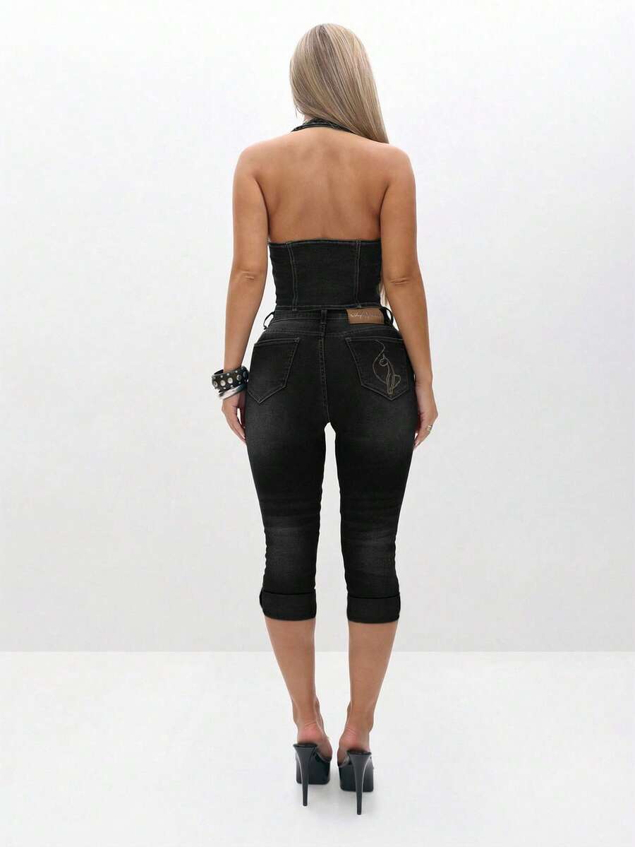 BABYPHAT Quần jean Capri denim co giãn có gấu quần xắn gấu dành cho nữ, quần lửng cạp vừa, mặc thường ngày mùa hè - màu đen - Xem 1