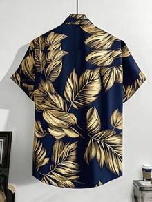 Manfinity RSRT 男士夏季时尚度假风植物印花短袖衬衫 - 金色 - 查看 2