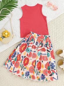 SHEIN Kids Vacation Style Rib-Knit Tank Top And Colorful Botanical Pattern Skirt Co-Ords Set Two-Piece Outfit - Coffee Brown - View 2