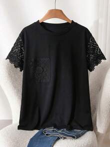 SHEIN Cosyjoi Áo thun nữ cỡ lớn, áo thun nữ thường ngày - màu đen - Xem 1