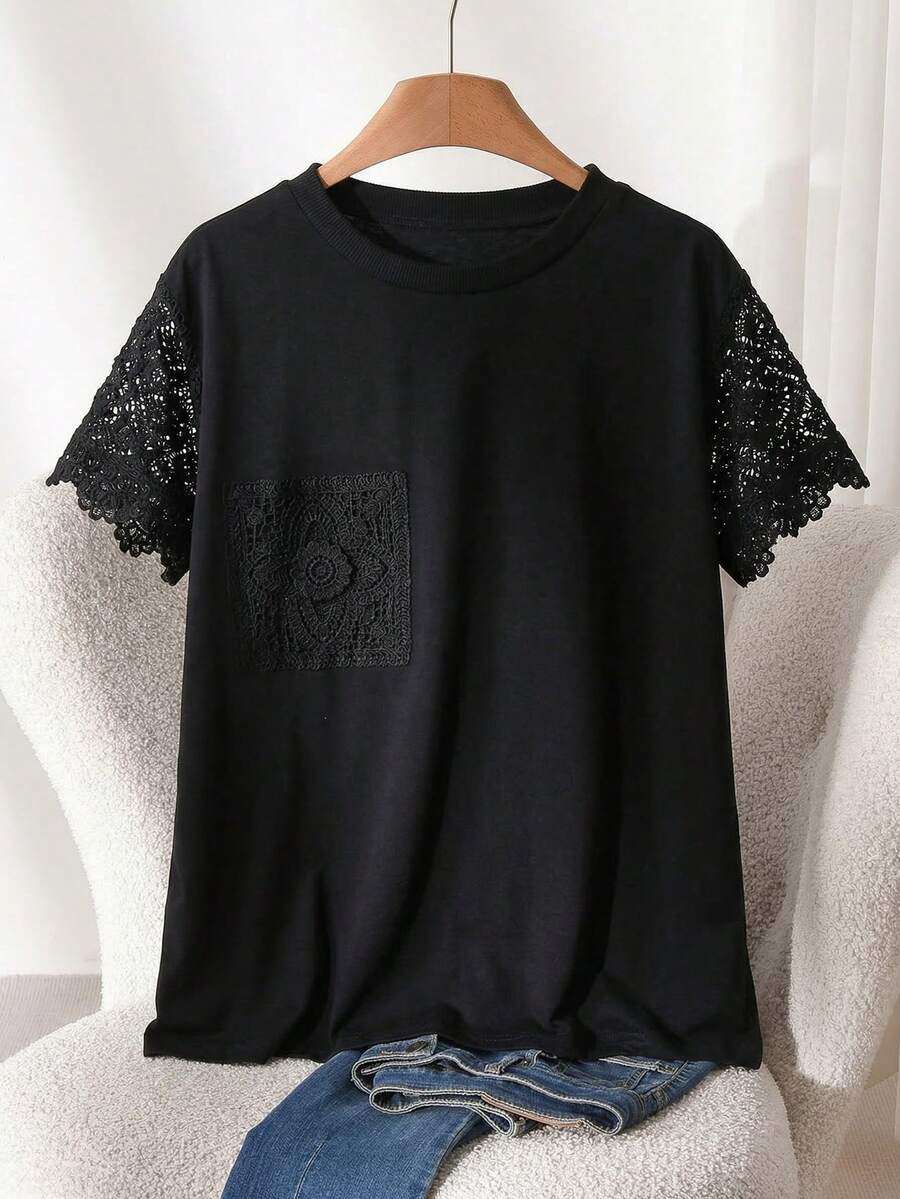 SHEIN Cosyjoi Áo thun nữ cỡ lớn, áo thun nữ thường ngày - màu đen - Xem 1