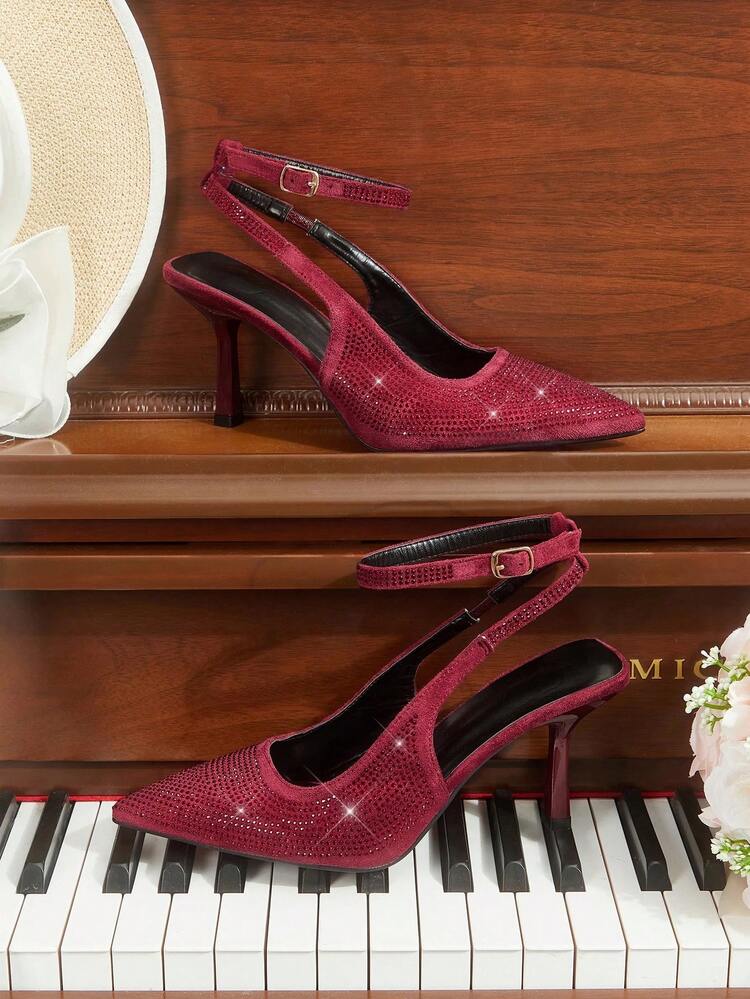 CUCCOO HITCHD Fuchsia Velvet Fully Rhinestoned Pointed Toe Stiletto Heel Ankle Strap Sexy Formal High Heels