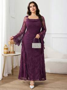 Modelyn Plus Size Solid Color Lace Sheer Long Sleeve Dress - Purple - View 4