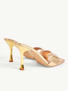 CUCCOO CHICEST Giày sandal cao gót nữ, sandal hở mũi vuông kiểu Pháp thanh lịch, sandal đính gương kẻ caro vàng, sandal gót nhọn kiểu mule, giày dự tiệc tối cho nữ. - Vàng - Xem 4