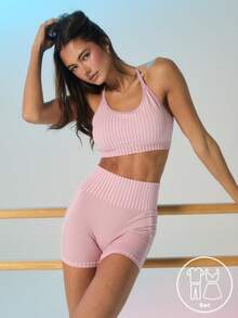 SHEIN Aralina-E 罗纹无缝露背吊带短款上衣高腰塑形运动套装女夏季服装健身骑行短裤 - 粉色 - 查看 5