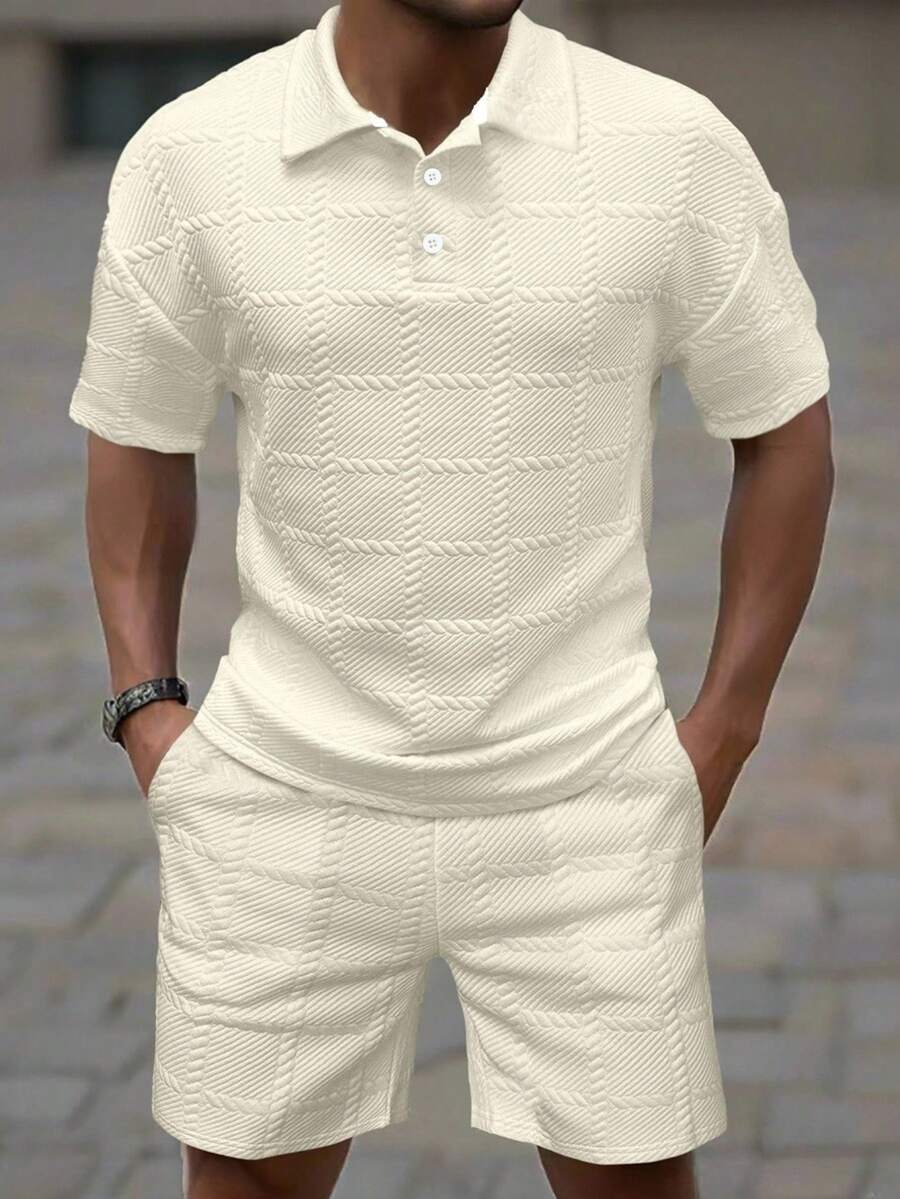 Manfinity Homme 男士夏季休閒純色短袖 Polo 衫與短褲套裝(不對稱)兩件套 2 套男裝 S 號同套穿搭 - 杏色 - 查看 1