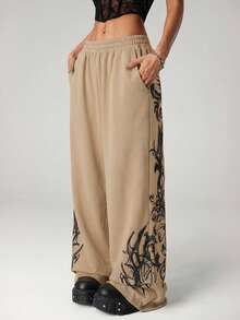 SHEIN ICON Punk Positioning Print Oversized Casual Low-Waist Pants - Khaki - View 2
