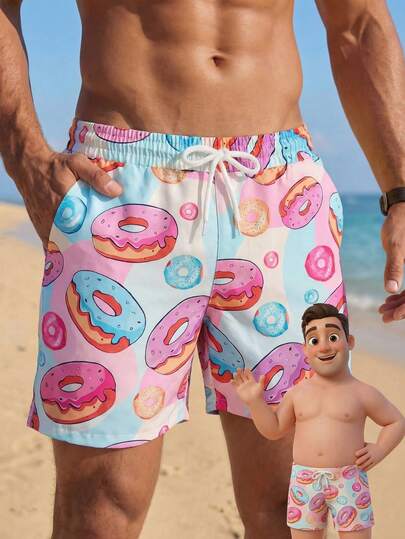 Solantero Plus Size Men's Casual Summer Donut Print Drawstring Waist Beach Shorts