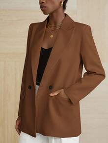 Aveloria Modichic Women's Business Style Solid Color Double-Breasted Blazer Jacket For Commuting, Autumn  - Coffee Brown - View 6