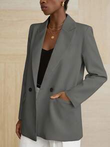 Aveloria Modichic 女士商务风纯色双排扣西装外套，适合通勤和秋季穿着 - 深灰色 - 查看 6