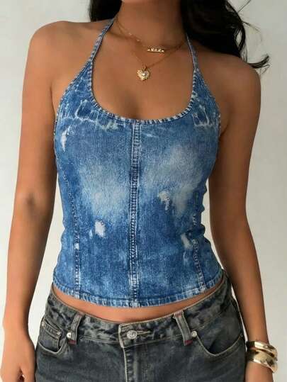 Rina Fox Women's Blue Ombre Fitted Sexy Cropped Halter Neck Tie-Up Camisole