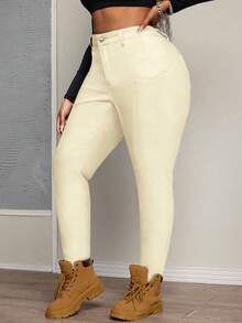 Slaydiva Plus Size Elastic Denim Jeans With Symmetrical Paneling Design - Apricot - View 8