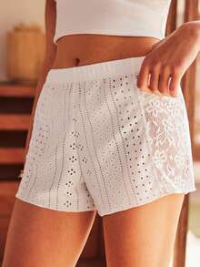 纹理镂空宽松舒适平角内裤，波西米亚风，浪漫休闲女士平角内裤 - 白色 - 查看 1