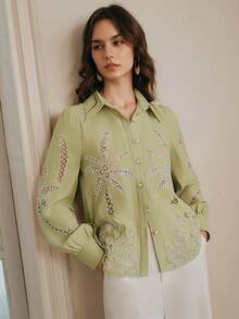 Anewsta Women's Elegant Fashion Vacation/Date Chic Hollow Embroidery Pattern Long Sleeve Blouse, Spring/Summer - Green - View 8