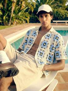 Manfinity Unisex Men's Crochet Hollow Out Short Sleeve Single-Breasted Knit Top - Blue - View 1