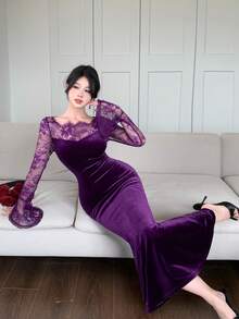 DAZY Autumn Lace Patchwork Square Neck Long Sleeve Cinched Waist Velvet Elegant Elegant Women's Mid-Length Dress - Purple - View 5