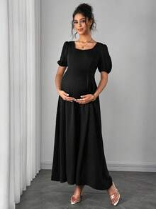 SHEIN Asymmetric Shoulder Ruched Waist A-Line Elegant Romantic Maternity Dress, Comfortable - Black - View 7