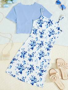 SHEIN Elladie kids Set de 2 piezas de niña preadolescente con top de cárdigan acanalado elegante y vestido con estampado floral digital con lazo en la cintura, conjunto de vestir casual para primavera/verano - Azul - Ver 2