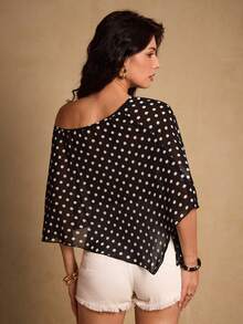 Swim Chiccia 夏季薄纱单肩波点上衣，时尚宽松女式衬衫 - 黑與白 - 查看 2