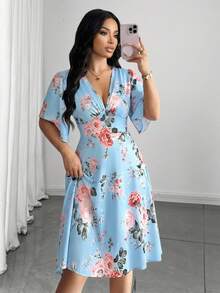 SHEIN Lady 女士印花V领优雅短袖中长连衣裙 - 藍色 - 查看 5