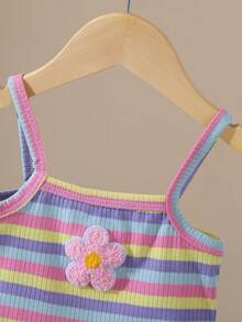 SHEIN 2pcs/Set Casual Versatile Soft Ribbed Lining Ribbed Floral Embroidery Matching Fashion Girls Tops - Pink - View 4