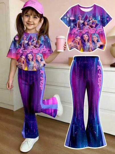 2件套幼儿女童休闲时尚卡通/韩流女团图案印花圆领短袖上衣+星星印花喇叭裤套装，适合夏季穿着