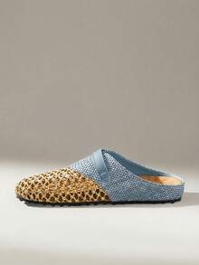 女士春夏新款编织网面平底鞋，拼接装饰，圆头设计，一脚蹬，舒适简约，适合度假、通勤、休闲百搭、约会旅行、下午茶等场合。 - 天藍色 - 查看 4