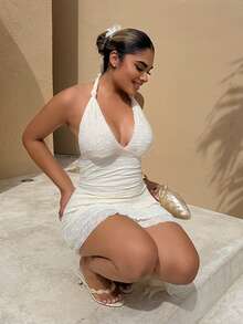 Maria Perezxox 春夏浪漫女孩针织蕾丝扭结多层荷叶边下摆短款连衣裙休闲甜美风格 - 黃色 - 查看 4