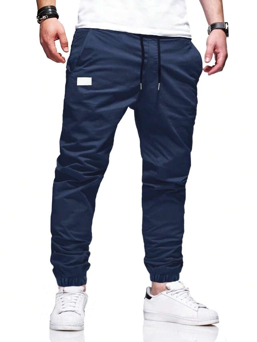 Manfinity Homme Pantalones con bolsillo parche, cintura con cordón y bolsillo en diagonal para hombres - Azul Marino - Ver 1