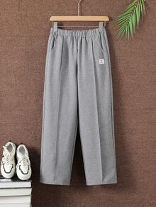SHEIN Vacaura Loose Knit Label Straight Leg Pants For Teens, Suitable For Streetwear And Sports, Spring And Summer - Grey - View 3