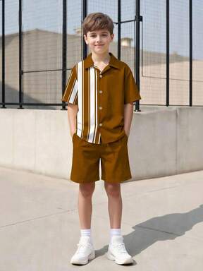 SHEIN Vacaura Tween Boy Patchwork Single-Breasted Short Sleeve Shirt And Shorts 2 Pieces Casual Outfit