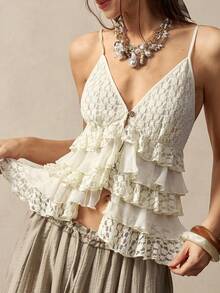 Bohemela 女士休闲纯色层叠荷叶边吊带背心 - 杏色 - 查看 4