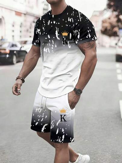 Genlund Conjunto casual de camiseta de cuello redondo de manga corta con degradado y pantalones cortos con bolsillo en diagonal para hombre