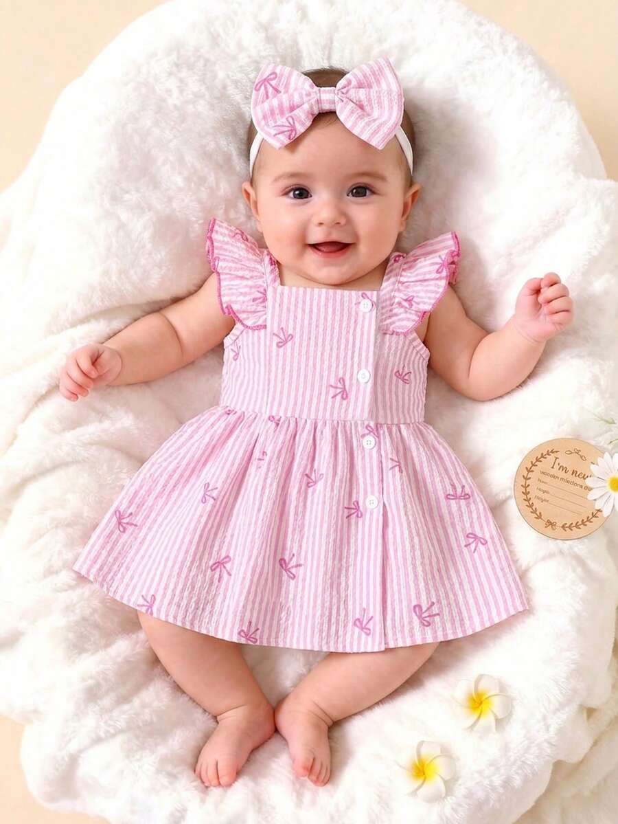 SHEIN 2件套女婴/幼儿夏季无袖水彩印花连衣裙和发带套装